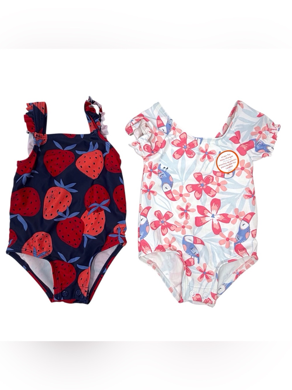 2 baby size 6 month Strawberry & Floral One-Piece Swim suits w/snap close NWOT